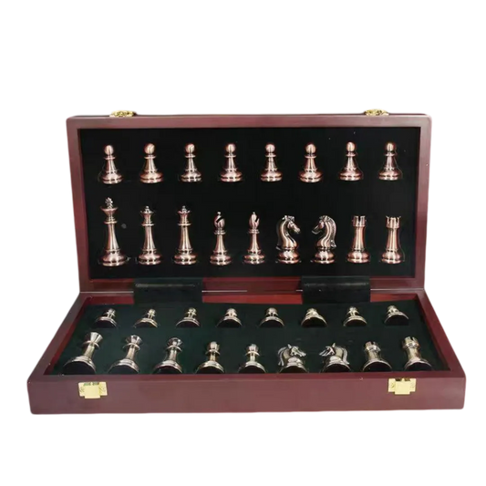 15-Inch Wooden Chess Set with Metal Chess Pieces - The Golden Knight | Chessetup Store – A luxurious handcrafted chessboard with premium metal Staunton pieces.