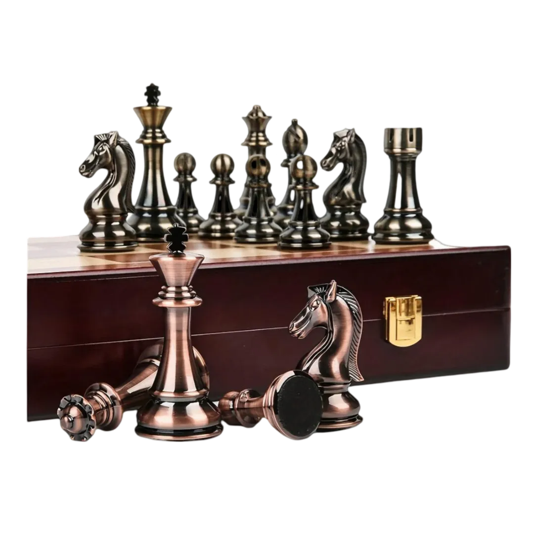 15" Wooden Chess Board with Staunton Metal Chess Pieces - The Golden Knight Edition | Chessetup Store – A high-end chess set designed for collectors and professionals.