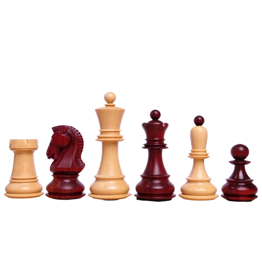 Close-up of the King, Queen, and Knight from the 3.7-inch 1950 Dubrovnik Championship Chess Set, featuring premium Padauk and Boxwood craftsmanship - Chessetup Store