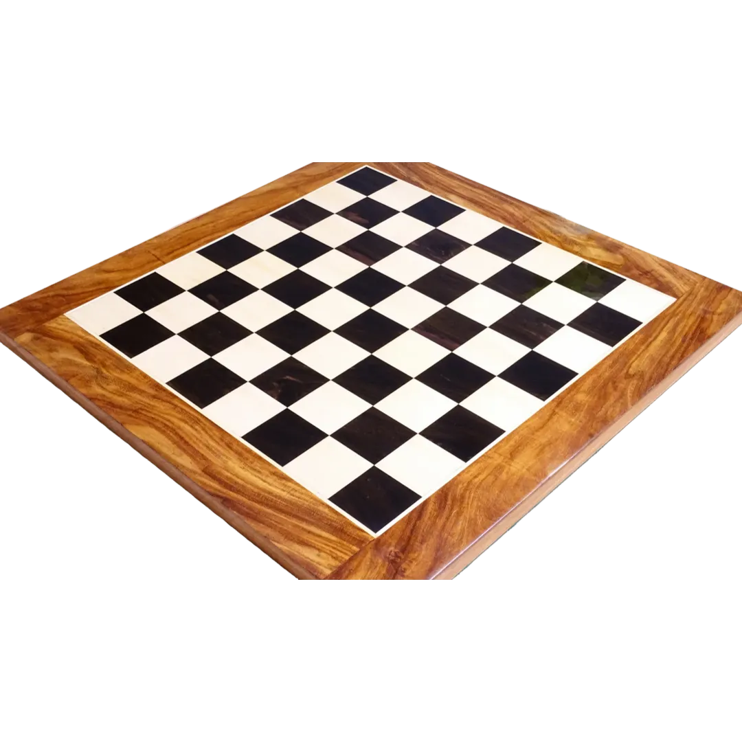 Premium 21-Inch Ebony & Maple Chess Board with Sheesham Border | Chessetup Store – A beautifully crafted solid wood chessboard with a smooth playing surface.