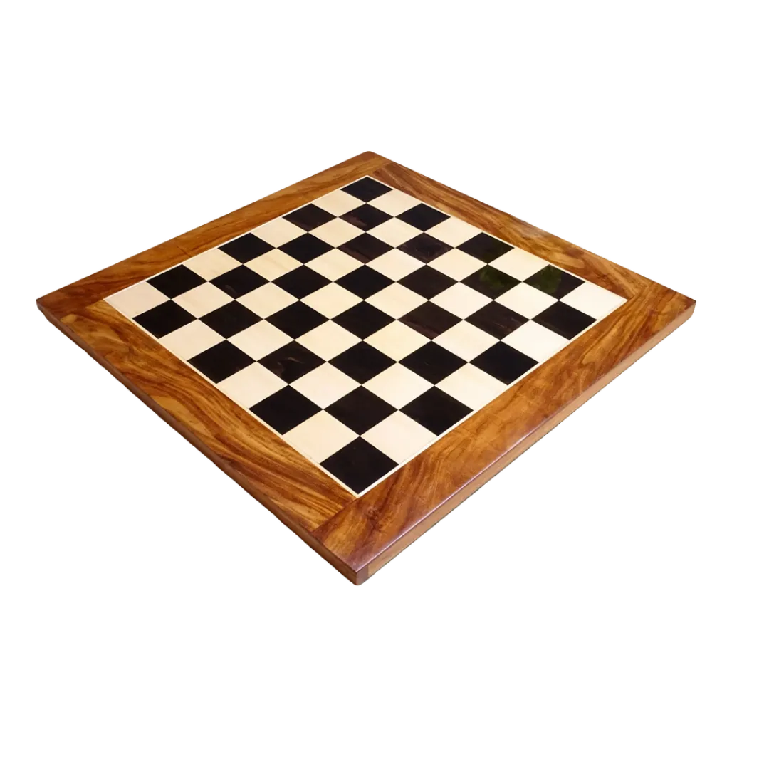 21" Square Chess Board - Ebony & Maple Solid Wood with Sheesham Border | Chessetup Store – A high-end chessboard perfect for full-size Staunton chess pieces.