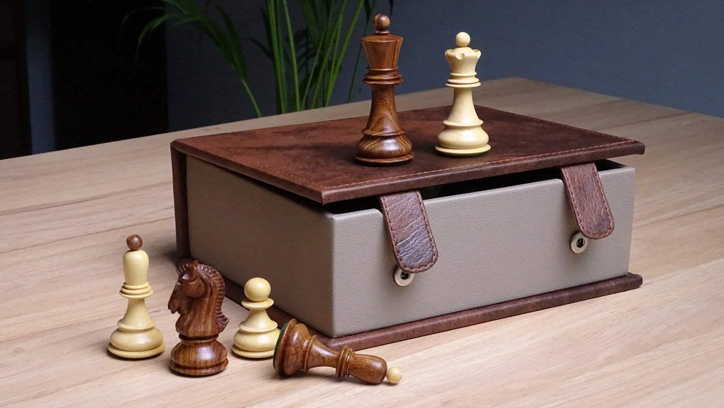 Best Chess Storage Box - Brown Leatherette Book-Style Case for Pieces Up to 3.7 Inches | Chessetup Store – A sophisticated and compact storage solution for premium chess sets.