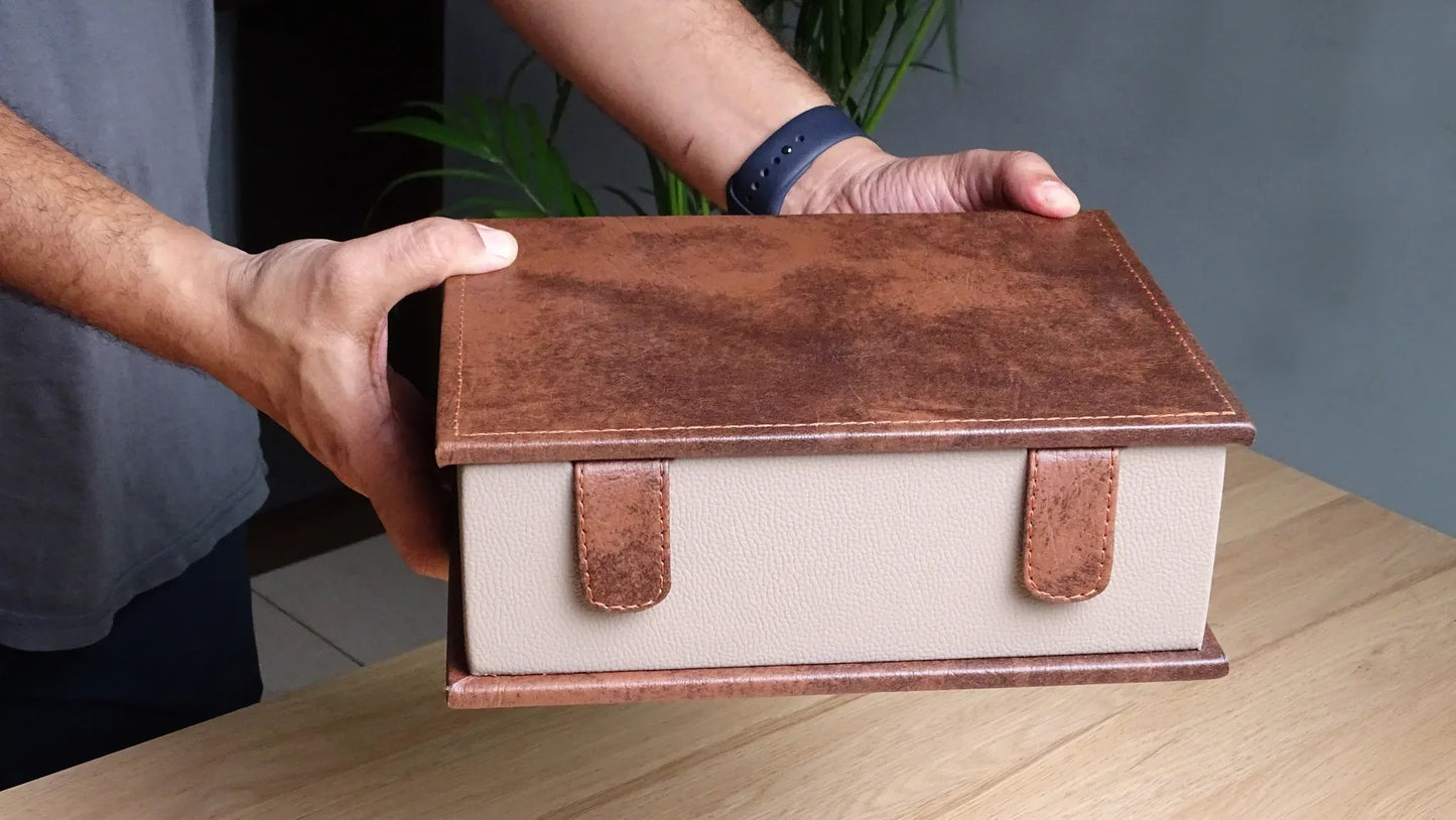 Brown Leatherette Chess Storage Box in Book Style for Pieces Up to 3.7 Inches