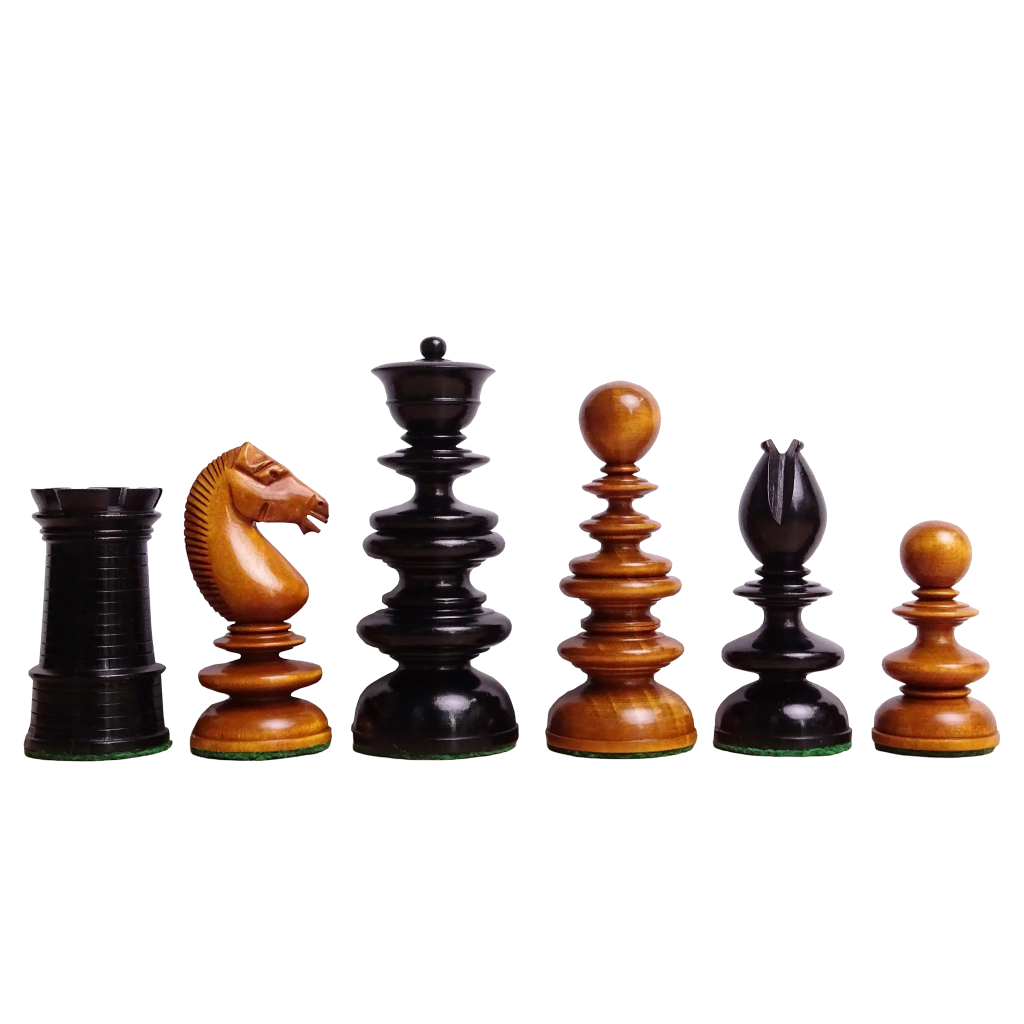 Circa 1840 Pre-Staunton Calvert Library Size 3.3 Inch Chessmen in Genuine Ebony & Antiqued Boxwood