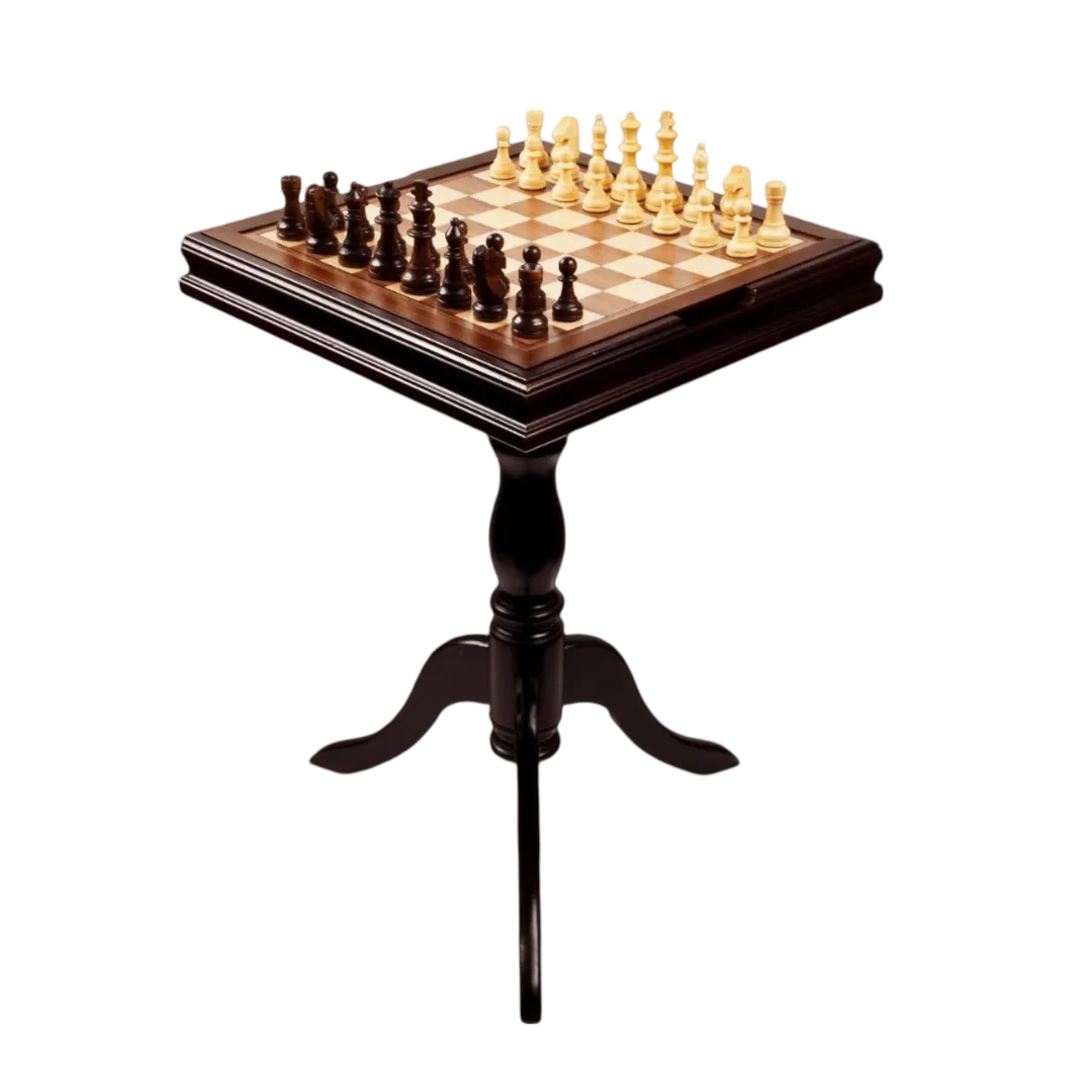 Wooden Chess Table with Chess Pieces - The Emperor’s Gambit | Chessetup Store – A luxurious handcrafted chess table with Staunton chess pieces.