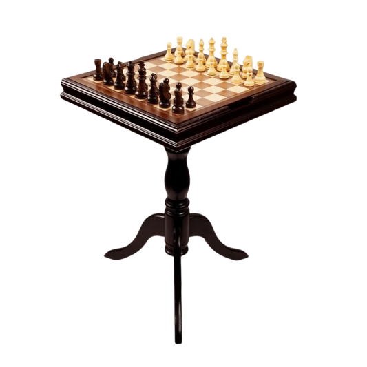 Wooden Chess Table with Chess Pieces - The Emperor’s Gambit | Chessetup Store – A luxurious handcrafted chess table with Staunton chess pieces.