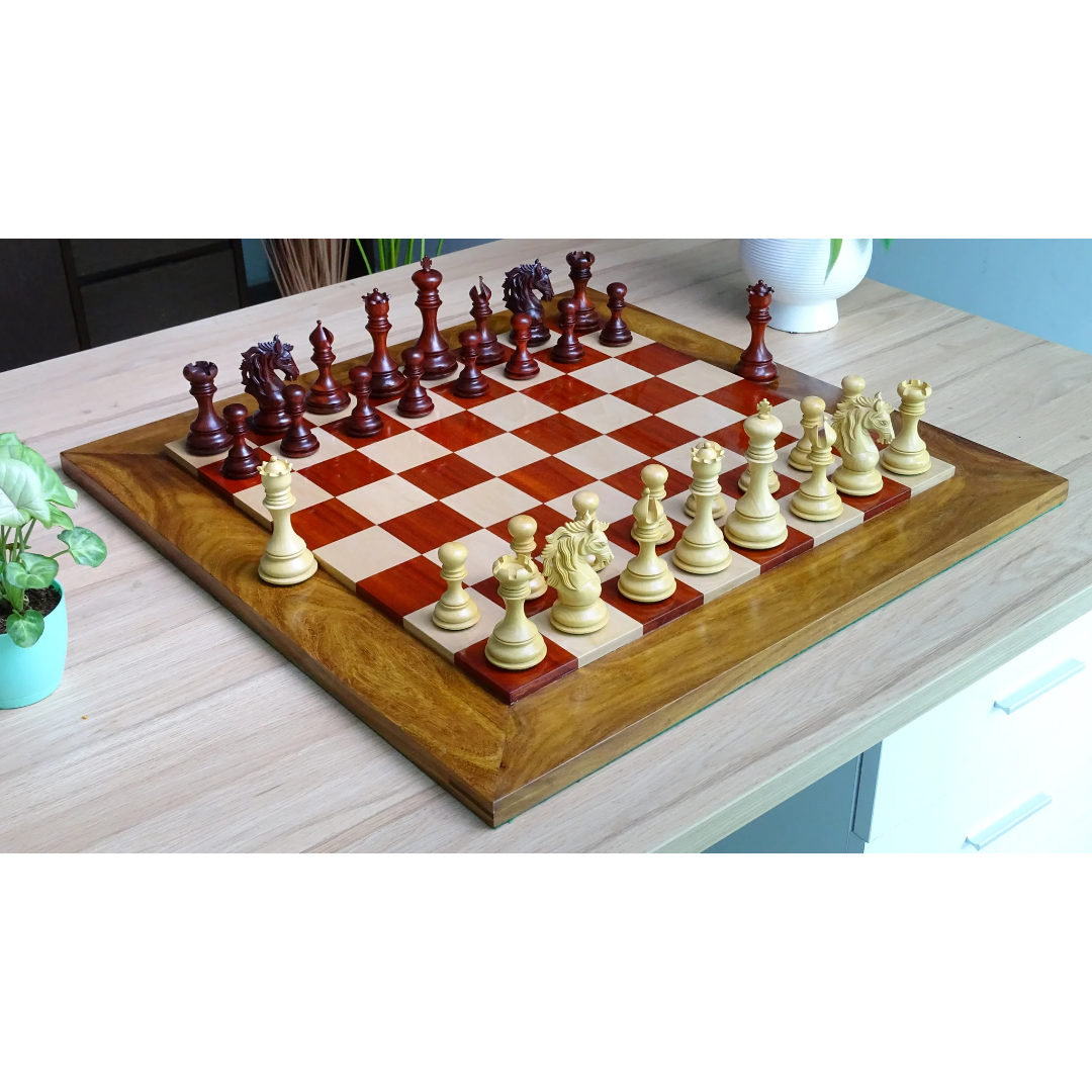 Elite Chess Pieces - 4.4-inch King, Leo Series Triple Weighted in African Padauk & Boxwood – Available now at Chessetup Store.