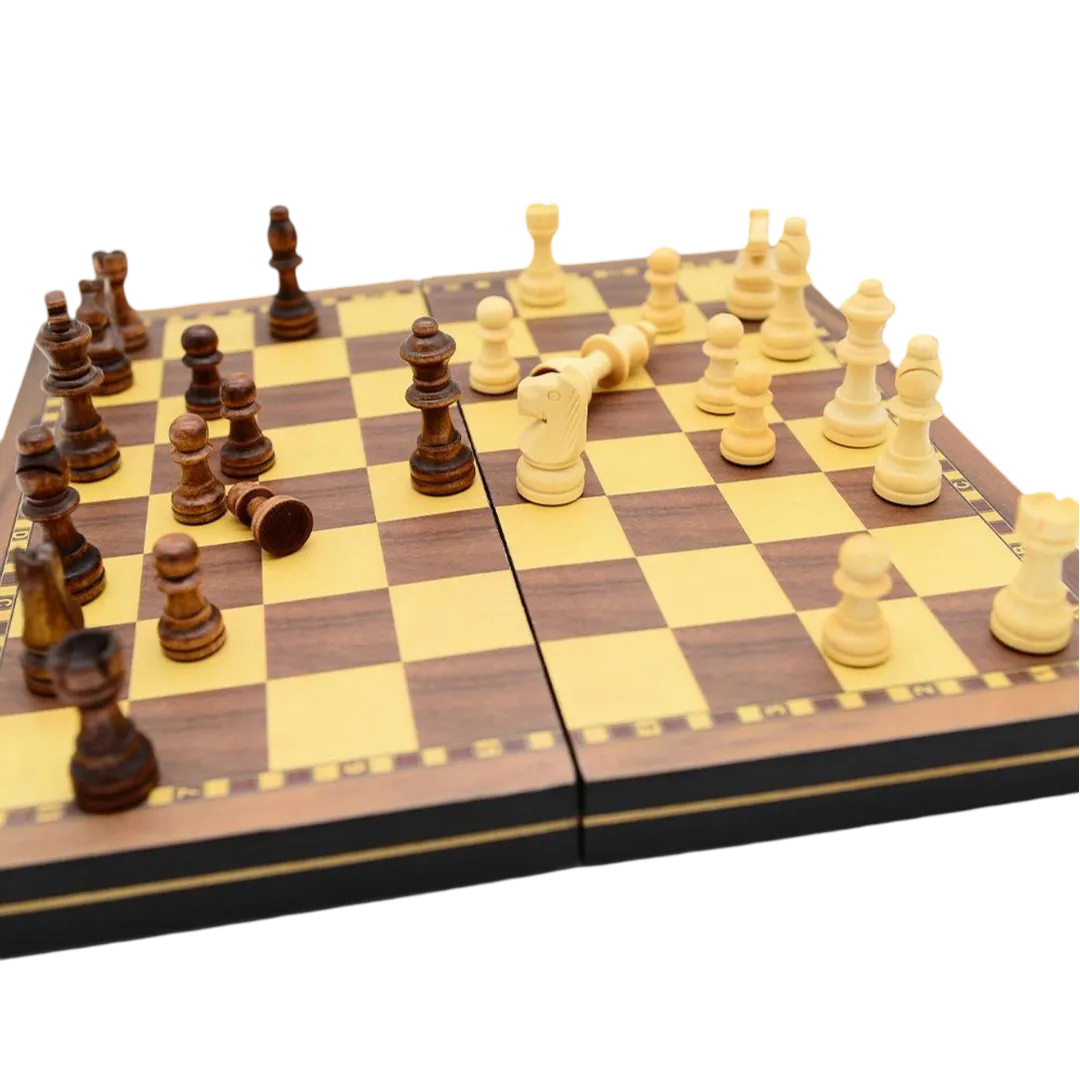 The Bronze Knight 12-inch Wooden Folding Chess Set - High-Quality Staunton Chess Board | Chessetup Store – Compact, elegant, and designed for serious chess enthusiasts.