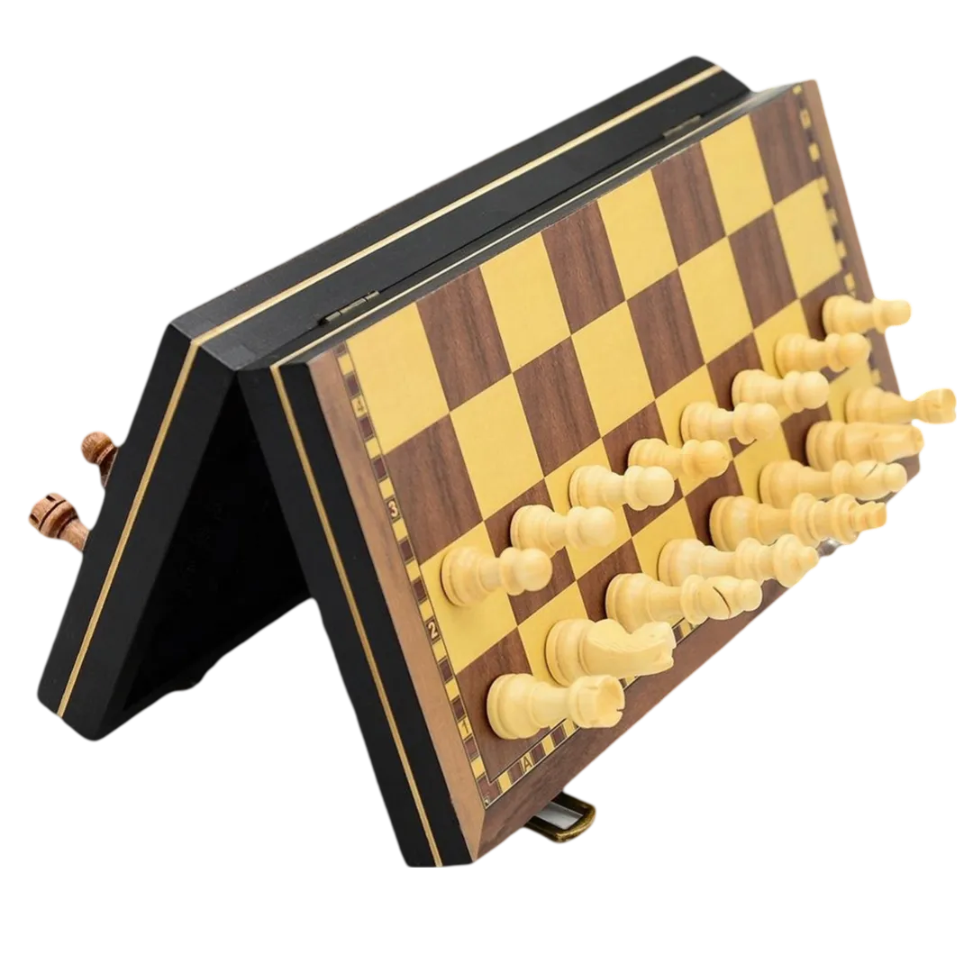 12-inch Wooden Folding Chess Set - The Bronze Knight | Chessetup Store – A premium handcrafted travel-friendly chess set with Staunton wooden chess pieces.