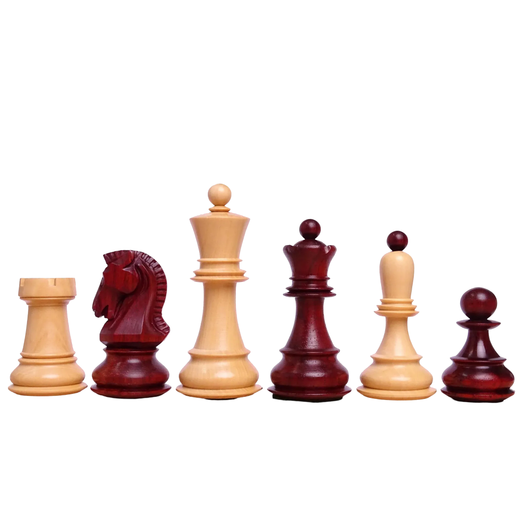 Close-up of the King, Queen, and Knight from the 3.7-inch 1950 Dubrovnik Championship Chess Set, featuring premium Padauk and Boxwood craftsmanship - Chessetup Store