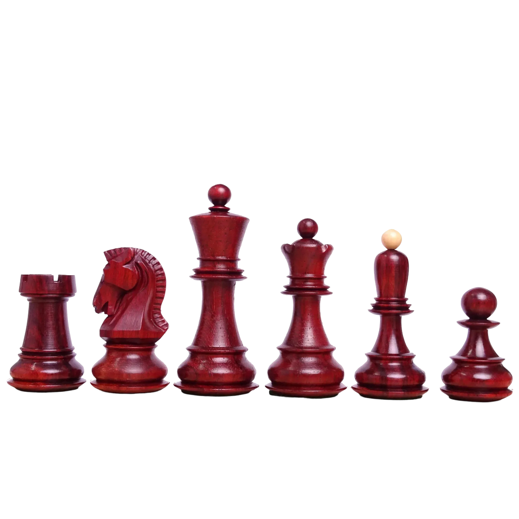 3.7-inch Repro 1950 Dubrovnik Championship Weighted Chess Pieces in Padauk & Boxwood, handcrafted luxury Staunton-style chess set displayed on a wooden chess board - Chessetup Store